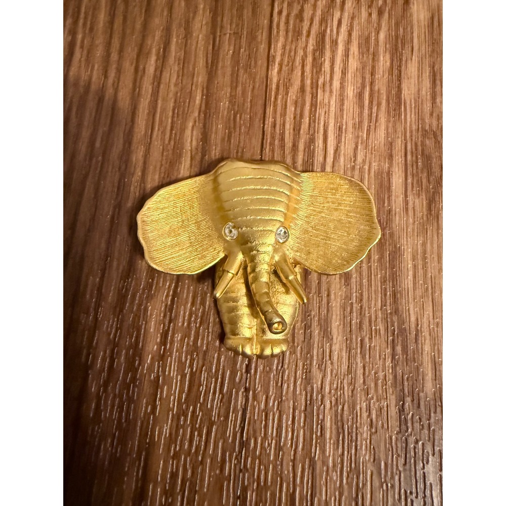 Norma Jean Vintage Gold Tone Elephant‎ Head Brooch Rhinestone Eyes Figural Pin